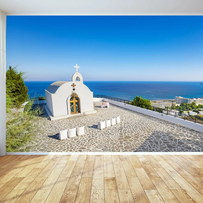 Fotomural capilla blanca con vista al mar en Faliraki, Grecia