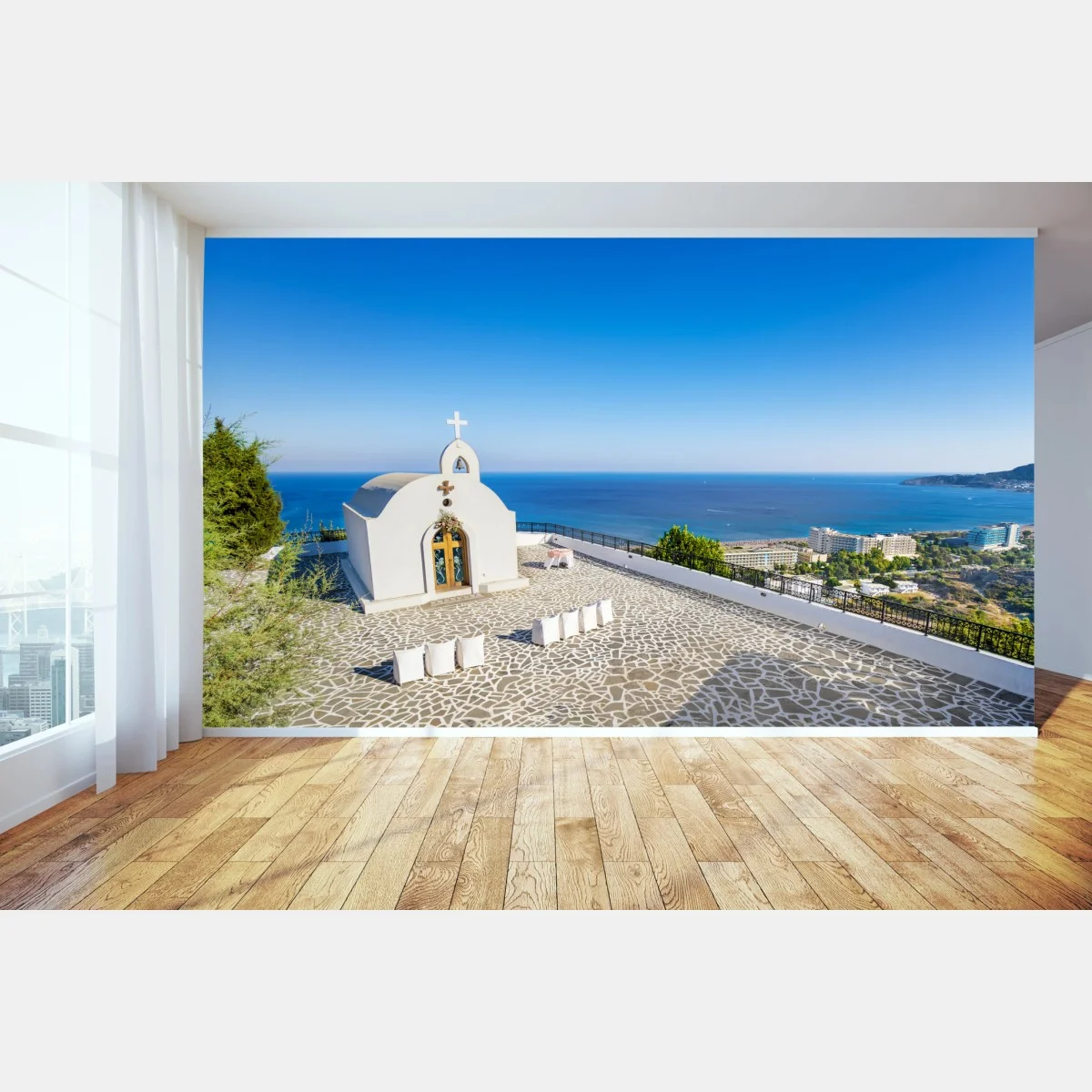 Fotomural capilla blanca con vista al mar en Faliraki, Grecia – Pixers® Fotomural capilla blanca con vista al mar en Faliraki, Grecia – Pixers®