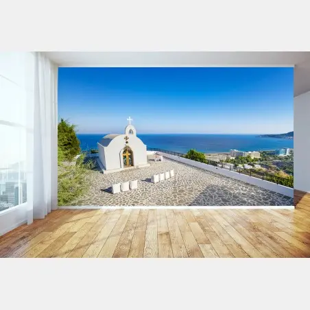Fotomural capilla blanca con vista al mar en Faliraki, Grecia – Pixers®