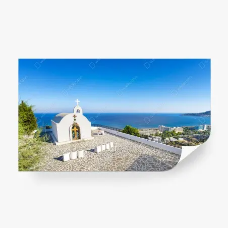 Fotomural capilla blanca con vista al mar en Faliraki, Grecia – Pixers®
