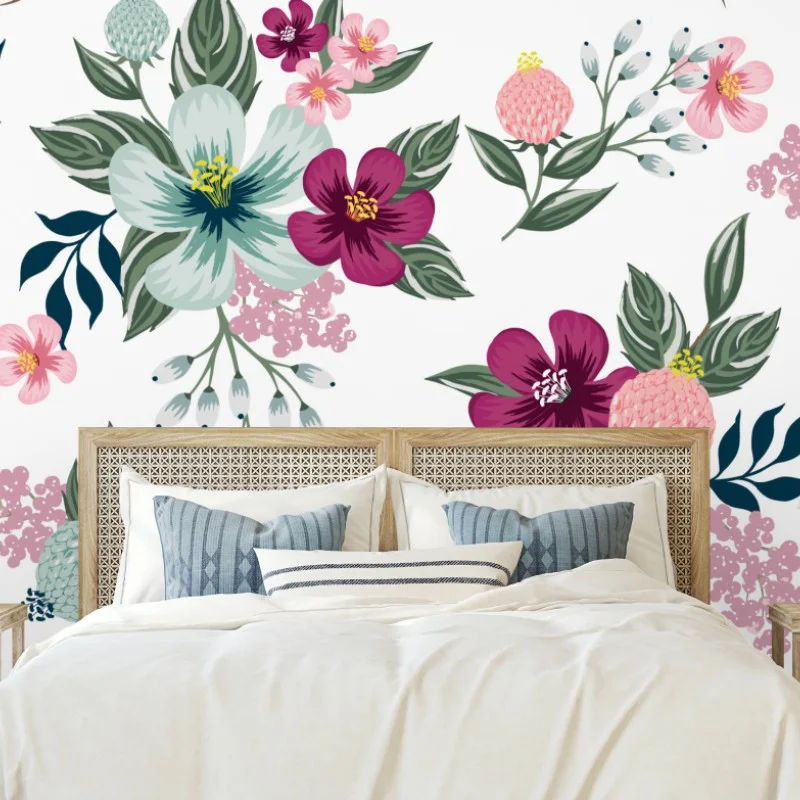 Fotomural elegante estampado floral en tonos rosa y verde – Pixers®