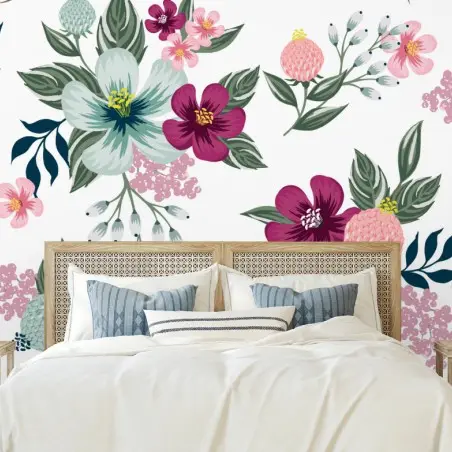 Fotomural elegante estampado floral en tonos rosa y verde
