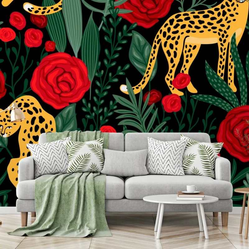 Fotomural leopardos entre rosas y follaje
