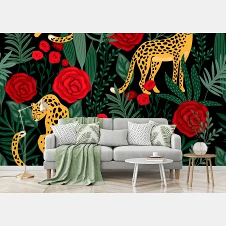 Fotomural leopardos entre rosas y follaje – Pixers®