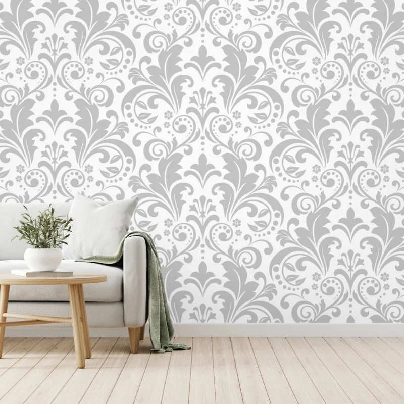 Fotomural diseño damasco gris y blanco elegante