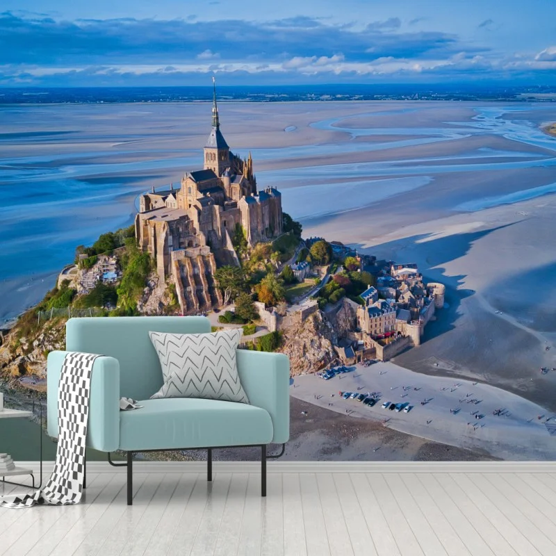 Fotomural vista aérea de Mont Saint-Michel en marea baja
