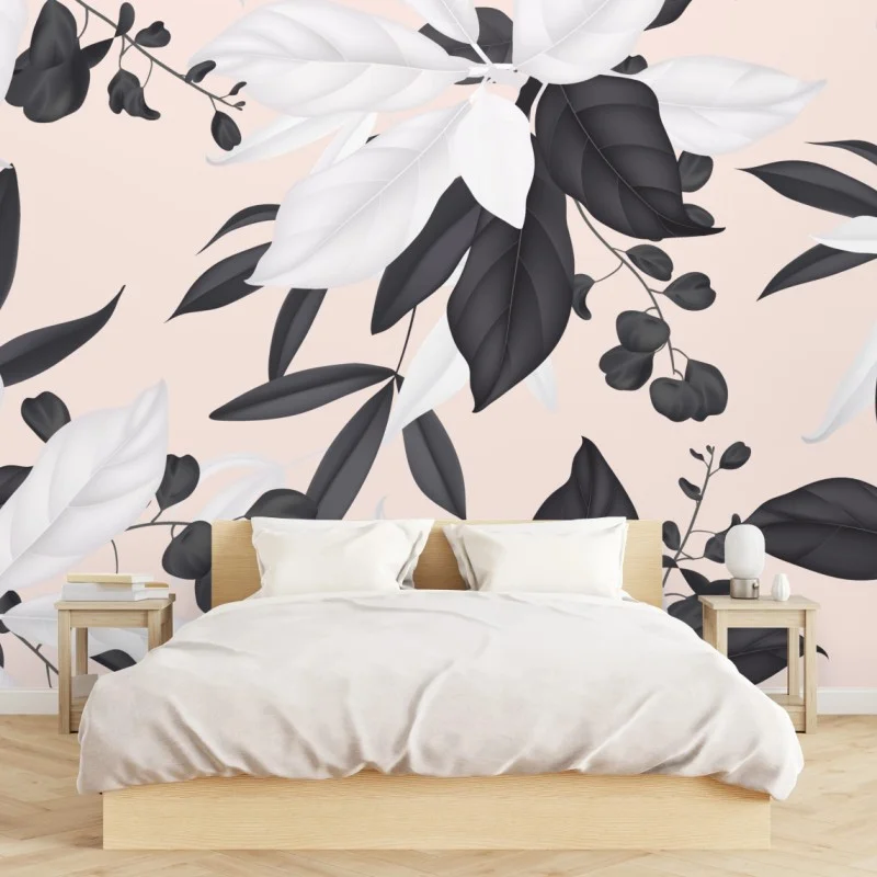 Fotomural diseño botánico en blanco y negro sobre fondo rosa pálido