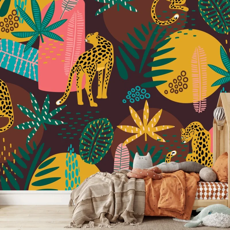 Fotomural estampado de leopardos y hojas tropicales