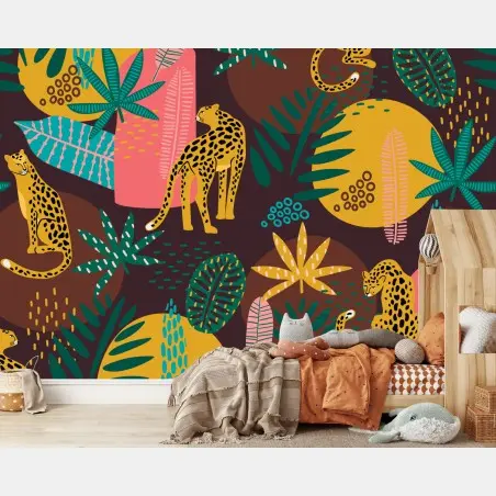 Fotomural estampado de leopardos y hojas tropicales – Pixers®