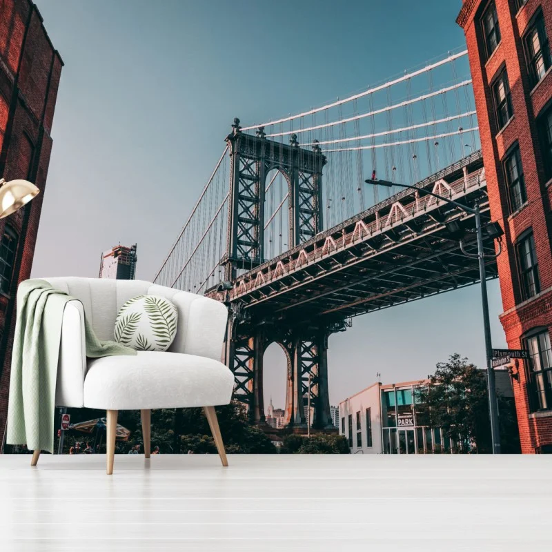Fotomural impresión urbana: puente de Manhattan y fachadas de ladrillo