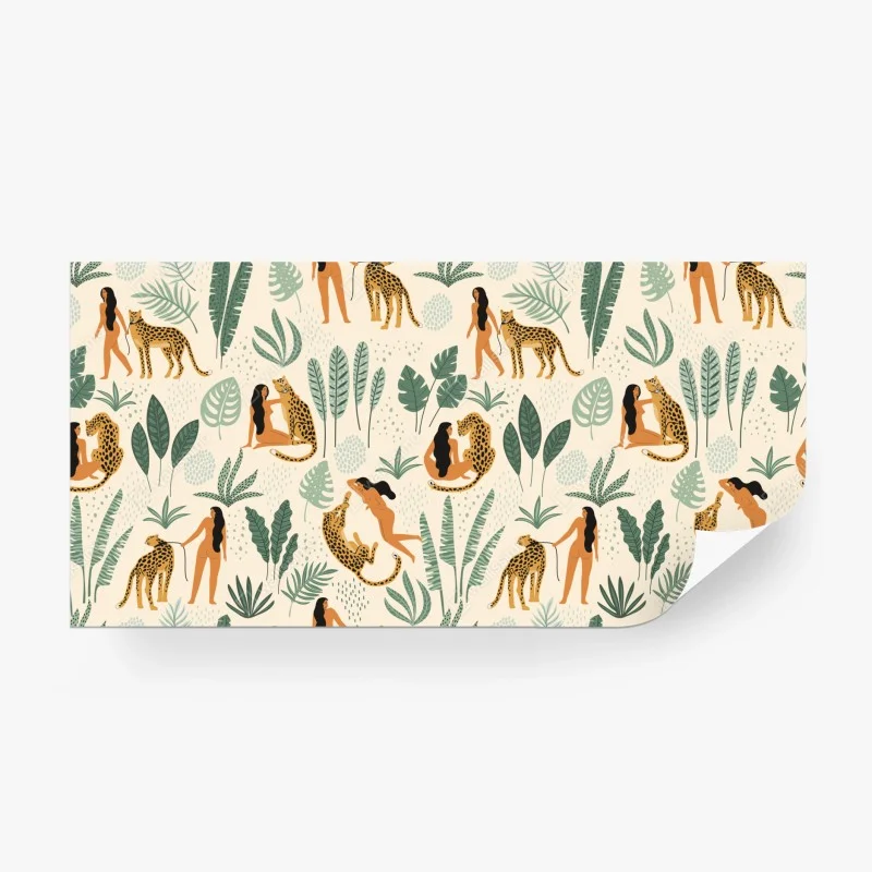 Fotomural armonía tropical entre mujeres y felinos