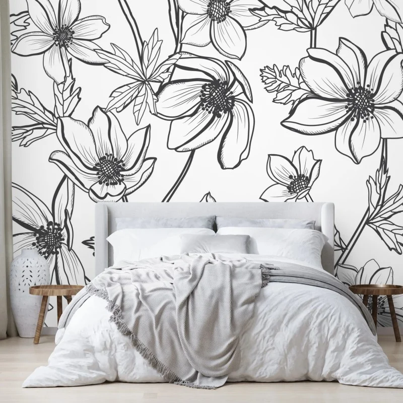 Fotomural dibujo floral lineal en blanco y negro