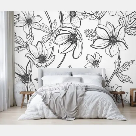 Fotomural dibujo floral lineal en blanco y negro – Pixers®