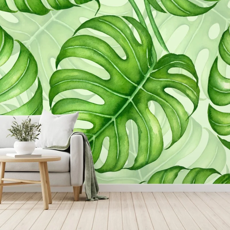Fotomural patrón tropical de hojas de monstera en acuarela