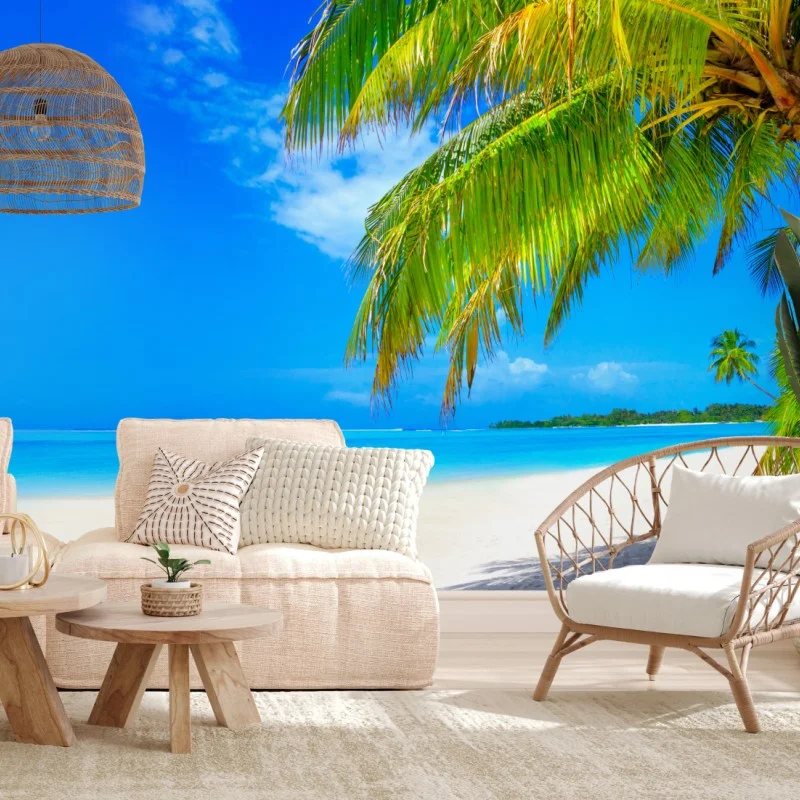Fotomural paraíso tropical con palmeras y playa de arena blanca