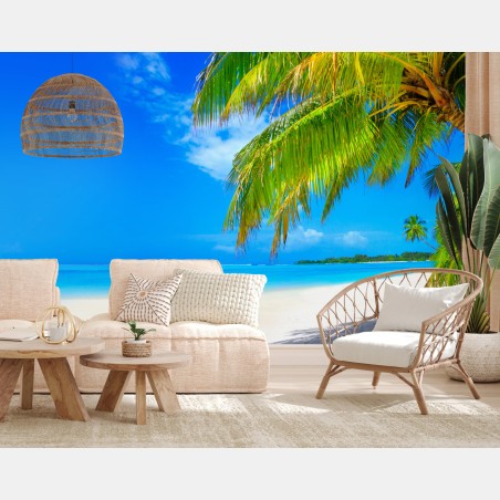 Fotomural paraíso tropical con palmeras y playa de arena blanca – Pixers®