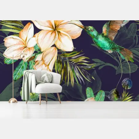 Fotomural colibrí y flores tropicales en acuarela – Pixers®