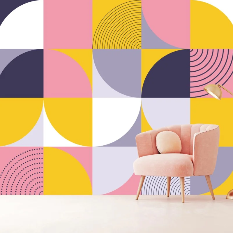 Fotomural patrón geométrico retro en tonos rosa y amarillo