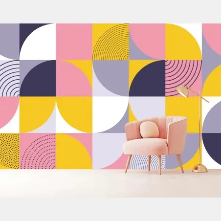 Fotomural patrón geométrico retro en tonos rosa y amarillo – Pixers®