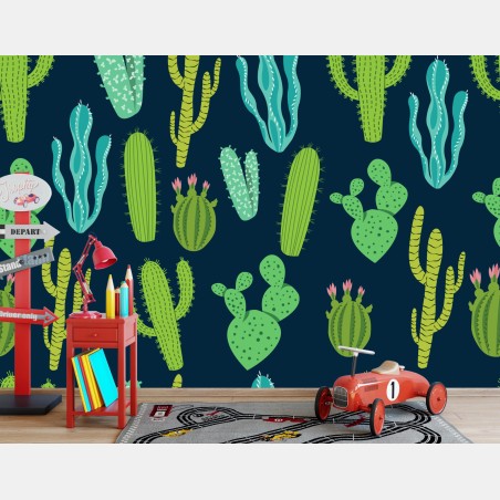 Fotomural patrón de cactus y suculentas en tonos verdes y azules – Pixers®