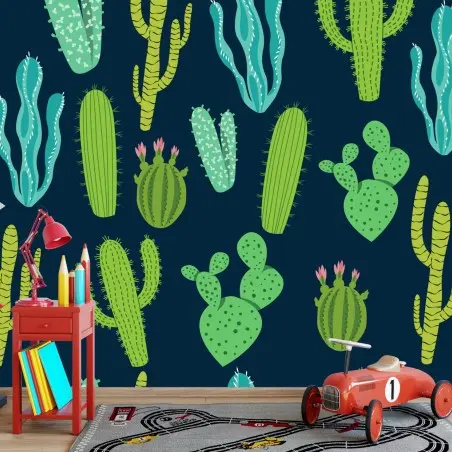 Fotomural patrón de cactus y suculentas en tonos verdes y azules