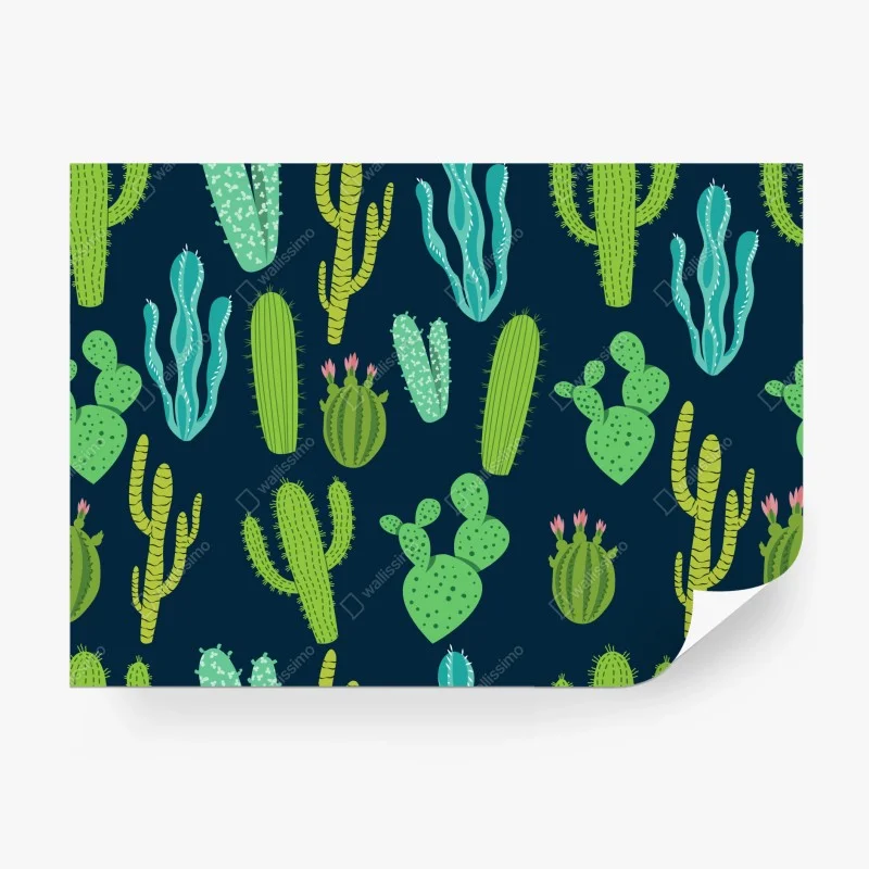Fotomural patrón de cactus y suculentas en tonos verdes y azules