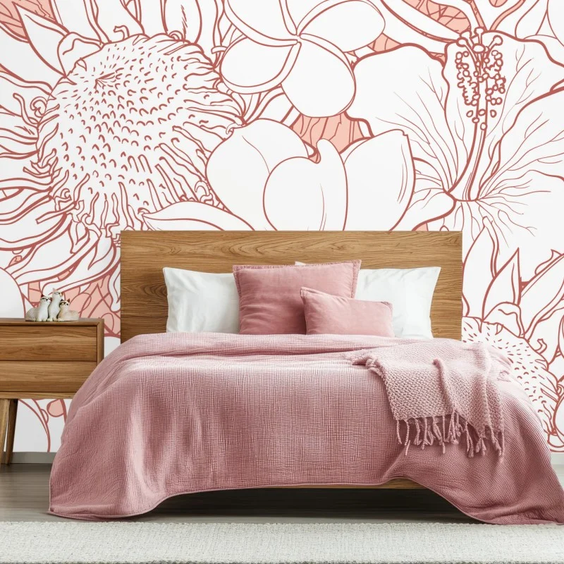 Fotomural patrón floral tropical en coral y blanco