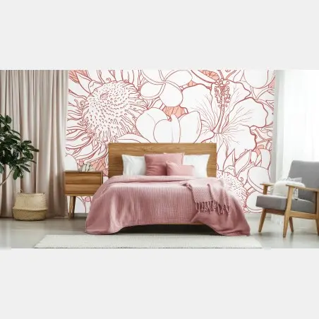 Fotomural patrón floral tropical en coral y blanco – Pixers®