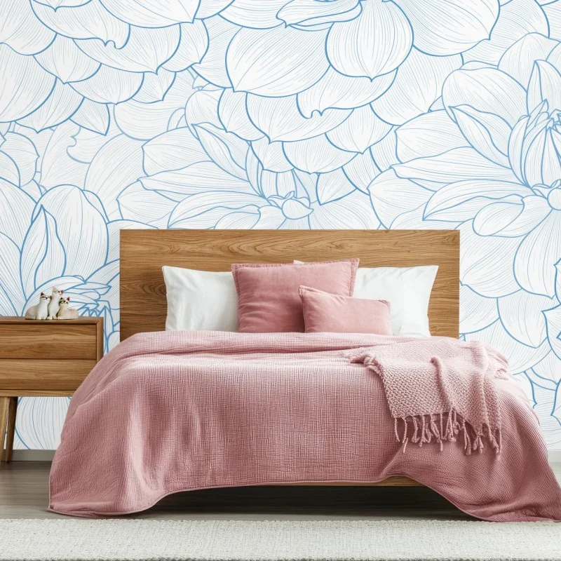 Fotomural estampado floral en líneas azules y delicadas