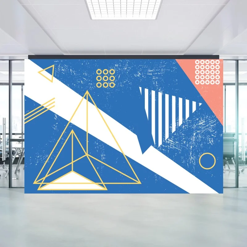 Fotomural composición geométrica azul y amarilla con textura retro