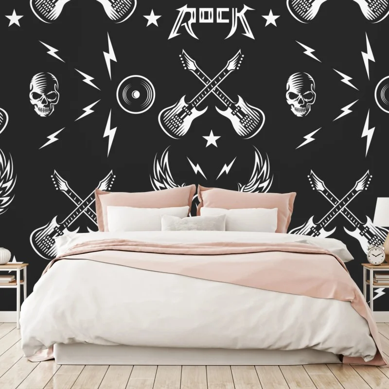 Fotomural diseño rock en blanco y negro con guitarras y calaveras