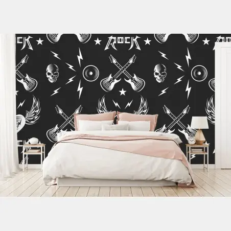 Fotomural diseño rock en blanco y negro con guitarras y calaveras – Pixers®