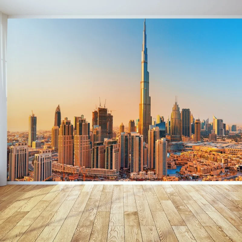 Fotomural amanecer sobre Dubai: horizonte icónico con Burj Khalifa