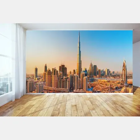 Fotomural amanecer sobre Dubai: horizonte icónico con Burj Khalifa – Pixers®