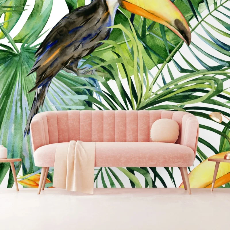 Fotomural tucanes y hojas tropicales en acuarela