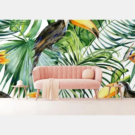 Fotomural tucanes y hojas tropicales en acuarela – Pixers®