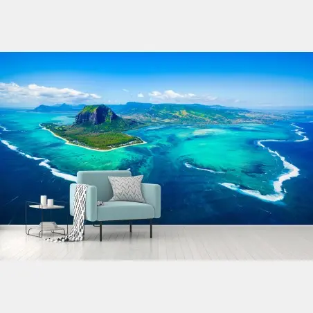Fotomural panorama aéreo de Le Morne Brabant y laguna turquesa – Pixers®
