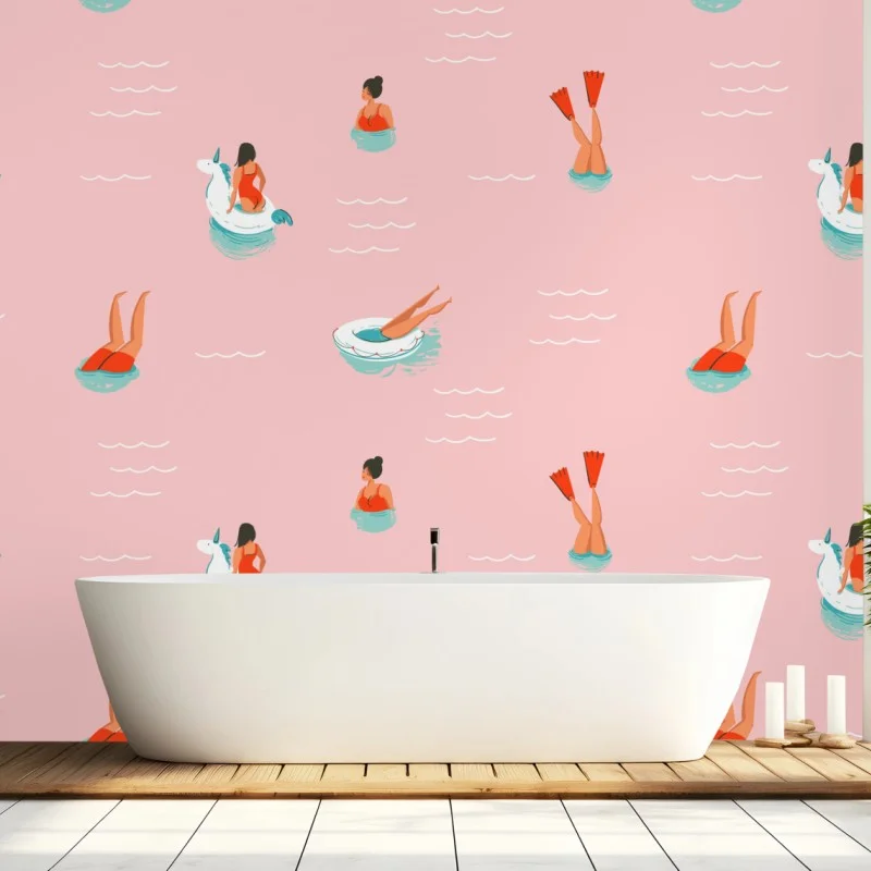 Fotomural estampado veraniego de piscina con flotadores y mujeres