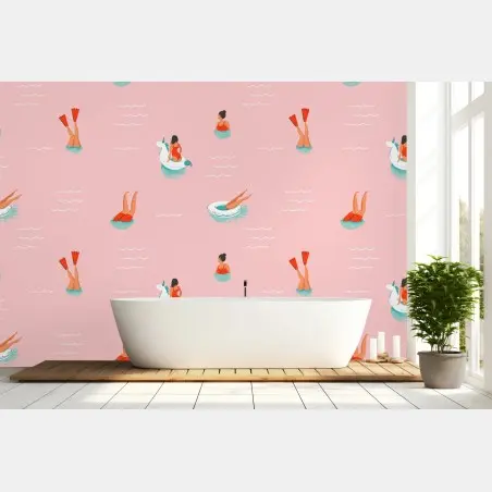 Fotomural estampado veraniego de piscina con flotadores y mujeres – Pixers®