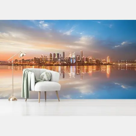 Fotomural horizonte urbano reflejado al atardecer – Pixers®