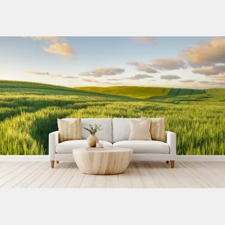 Fotomural panorama de campo primaveral en colinas verdes – Pixers®