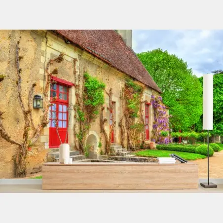 Fotomural fachada rústica con puertas rojas y glicinia – Pixers®