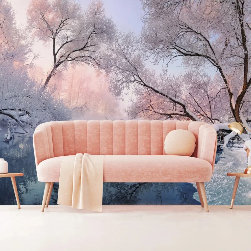Fotomural amanecer nevado junto al río