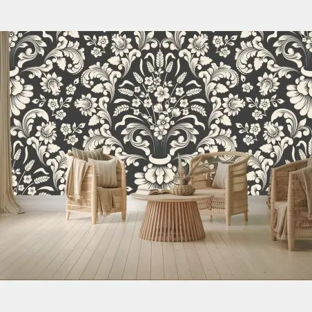 Fotomural motivo damasco floral en tonos crema y gris oscuro – Pixers®