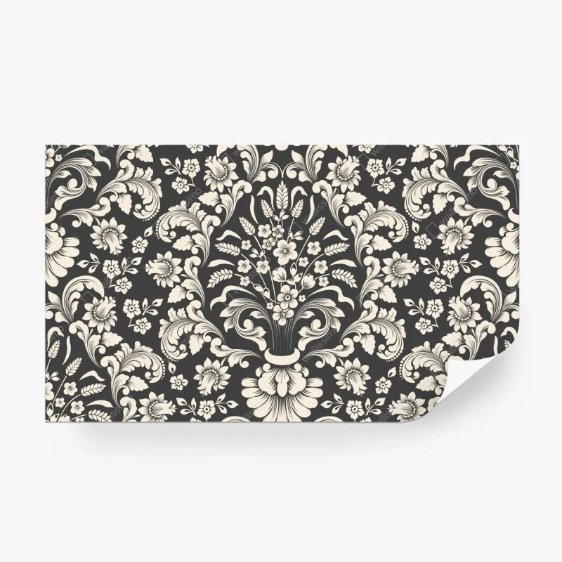 Fotomural motivo damasco floral en tonos crema y gris oscuro