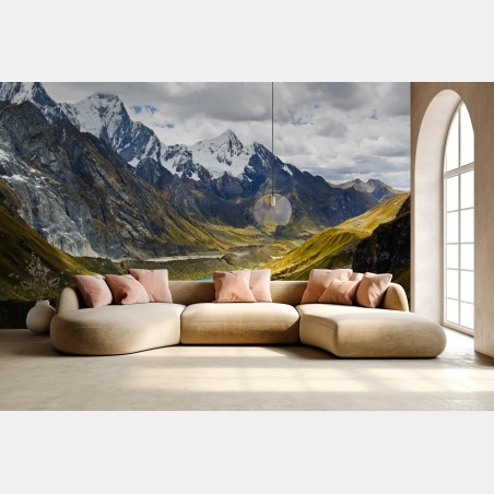 Fotomural panorama de montaña con lago turquesa – Pixers®