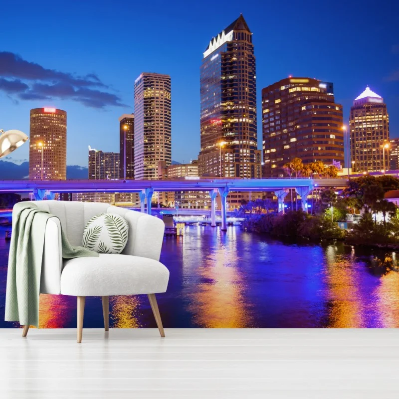 Fotomural horizonte nocturno de Tampa con reflejos en el río