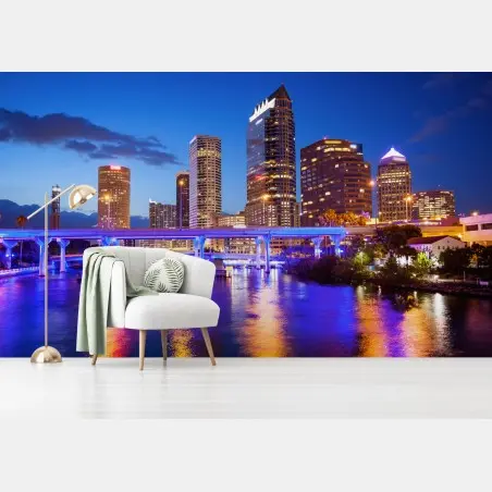 Fotomural horizonte nocturno de Tampa con reflejos en el río – Pixers®