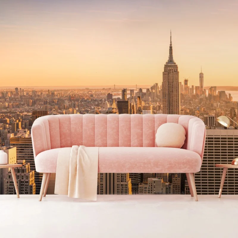Fotomural amanecer dorado sobre el perfil urbano de Nueva York