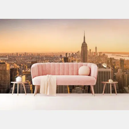 Fotomural amanecer dorado sobre el perfil urbano de Nueva York – Pixers®